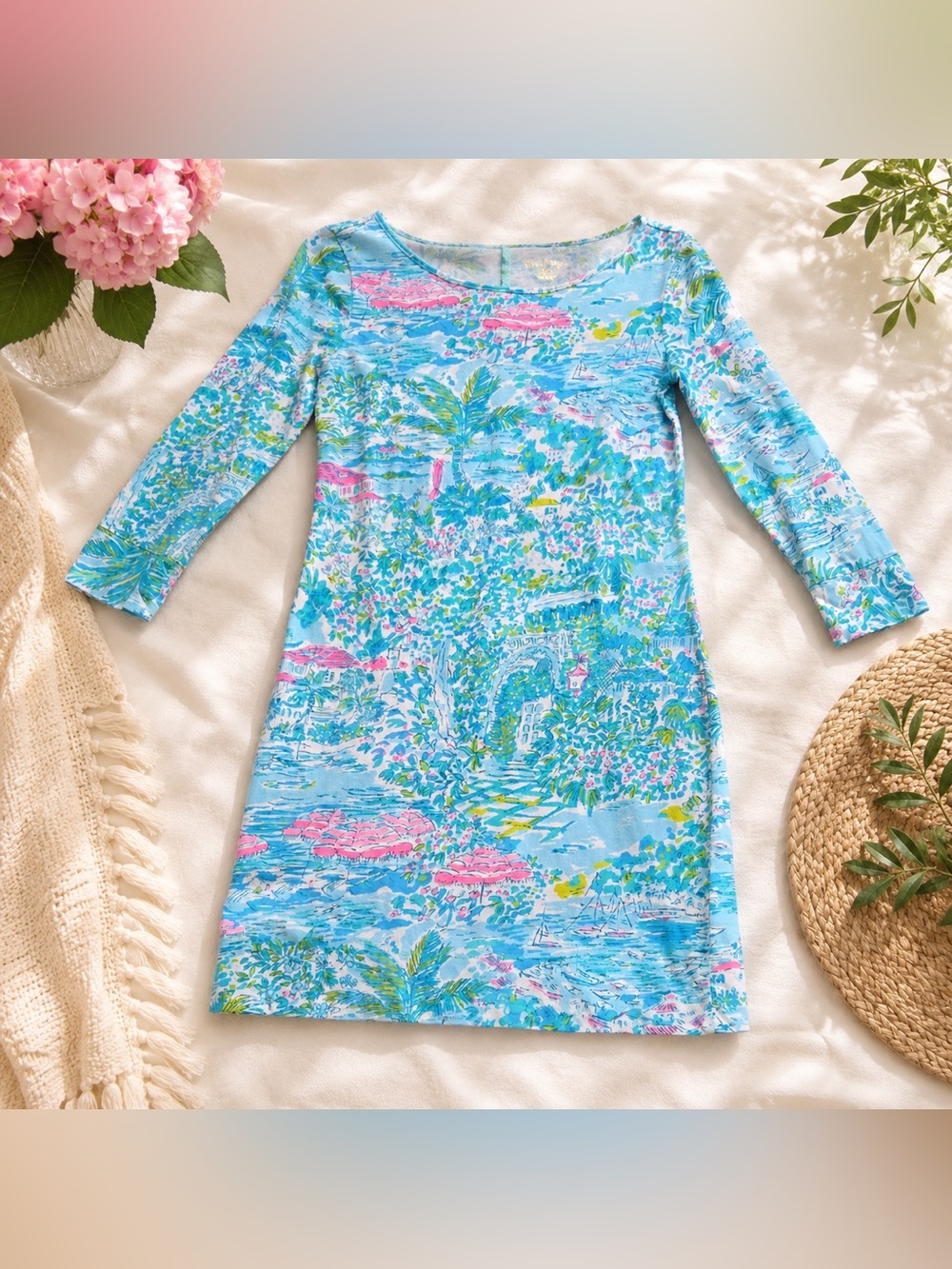 Lilly Pulitzer Light Blue Tropical Print Long Sleeve Dress xxs